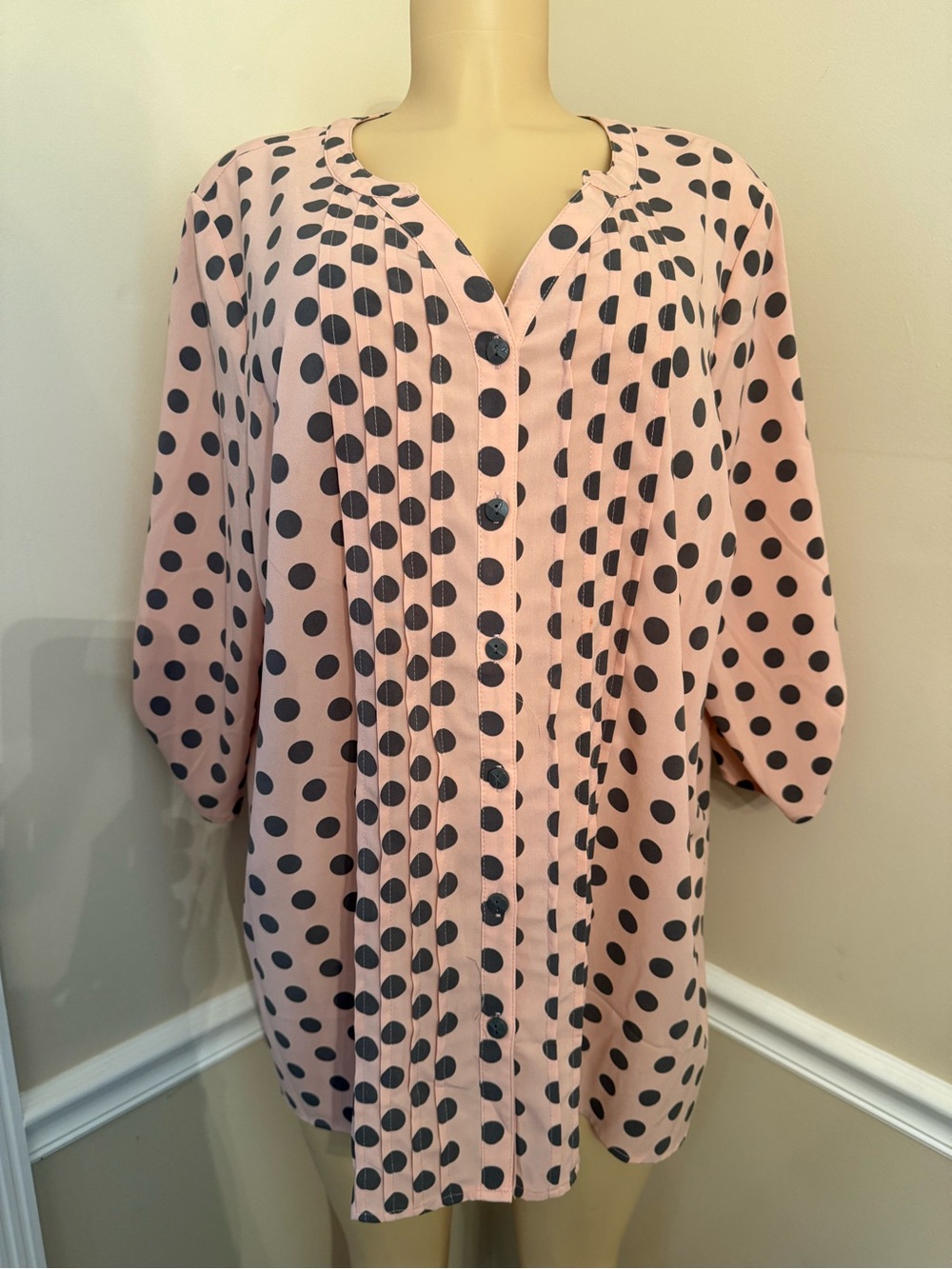 Catherines Peach Blouse with Gray Polka Dots - Petite